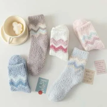 fauson 5 Pairs Fuzzy Socks, Cozy Winter Socks for Women, Soft Slipper Socks, Polyester/Spandex, 1.0 Count, Round Toe, Crew Length, Unisex-Adults