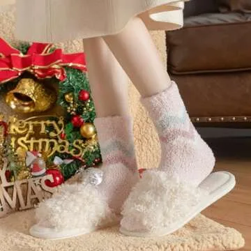 fauson 5 Pairs Fuzzy Socks, Cozy Winter Socks for Women, Soft Slipper Socks, Polyester/Spandex, 1.0 Count, Round Toe, Crew Length, Unisex-Adults