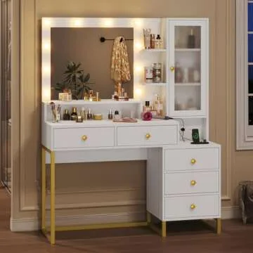 Tiptiper Large Makeup Vanity with Lights, Vanity Table with Charging Station Vanity Desk with Mirror and 10 LED Light Bulbs, Makeup Table with 5 Drawers, Nightstand and Storage Shelves, White & Gold