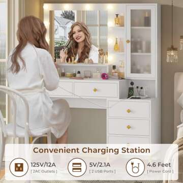 Tiptiper Large Makeup Vanity with Lights, Vanity Table with Charging Station Vanity Desk with Mirror and 10 LED Light Bulbs, Makeup Table with 5 Drawers, Nightstand and Storage Shelves, White & Gold