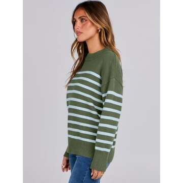 ANRABESS Women Fall Fashion Sweaters Striped Long Sleeve Crewneck Loose Fit Cozy Knit Trendy Pullover Sweater Tops Green Blue Stripe Small
