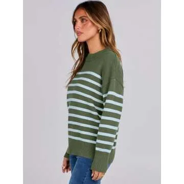 ANRABESS Women Fall Fashion Sweaters Striped Long Sleeve Crewneck Loose Fit Cozy Knit Trendy Pullover Sweater Tops Green Blue Stripe Small