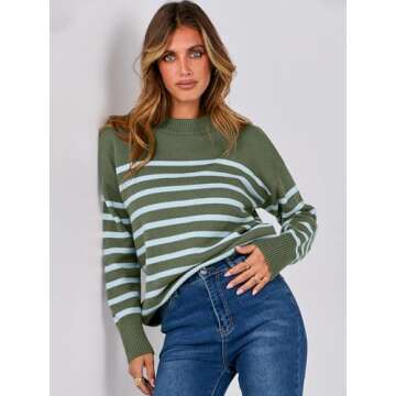 ANRABESS Women Fall Fashion Sweaters Striped Long Sleeve Crewneck Loose Fit Cozy Knit Trendy Pullover Sweater Tops Green Blue Stripe Small