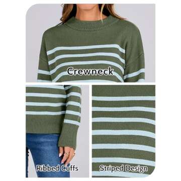 ANRABESS Women Fall Fashion Sweaters Striped Long Sleeve Crewneck Loose Fit Cozy Knit Trendy Pullover Sweater Tops Green Blue Stripe Small