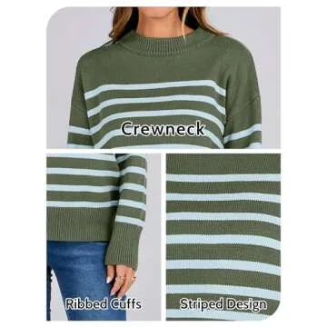 ANRABESS Women Fall Fashion Sweaters Striped Long Sleeve Crewneck Loose Fit Cozy Knit Trendy Pullover Sweater Tops Green Blue Stripe Small