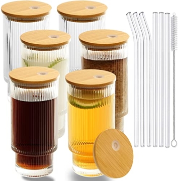 CAYOREPO 6 Pcs Set 16oz Ribbed Drinking Glasses with Bamboo Lids and Straws, Ribbed Glass Cups, Stac...