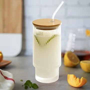 CAYOREPO Vintage Ribbed Glass Cups Set with Lids and Straws