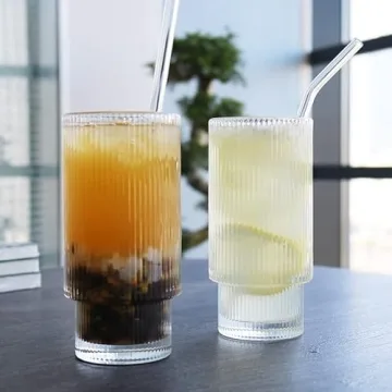 CAYOREPO Vintage Ribbed Glass Cups Set with Lids and Straws