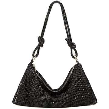 UMREN Rhinestone Hobo Bags for Women Chic Evening Handbag Sparkly Crystal Cluth Purse for Party Club Wedding (Black)