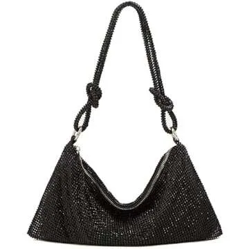 UMREN Rhinestone Hobo Bags for Women Chic Evening Handbag Sparkly Crystal Cluth Purse for Party Club Wedding (Black)