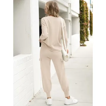 Caracilia Women's Two Piece Outfits Sweater Sets Long Sleeve Knit Tops Matching Cargo Jogger Pants 2024 Fall Lounge Sets Apricot X-Large