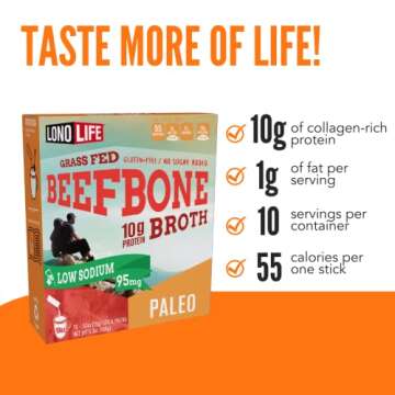 LonoLife Low Sodium Beef Bone Broth Powder Mix | Grass-Fed, 10g Protein | Collagen-Rich, Keto & Paleo Friendly | Natural Ingredients | 10 Portable Stick Pack Servings