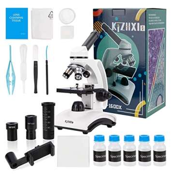 KiZHXlo Monocular Microscope 40X-1600X Magnification with Barlow Lens for Students Adults, Dual LED ...