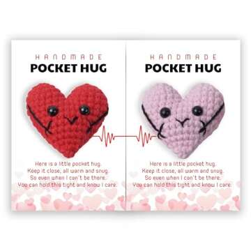 Miarita Crochet Heart Gift, Pocket Hug Token - Pack 2 for Long Distance Couples, Valentine Gift, Meaningful Gifts for Husband (Red Heart)