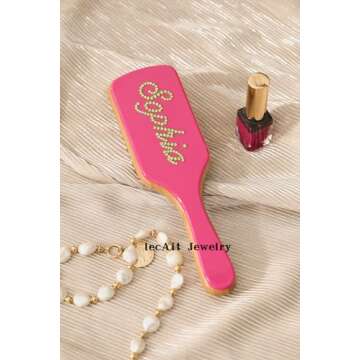 Personalized Hair Brush Custom Engraved Handmade Inlay Colorful Rhinestone Name Pink Brush | Natural...