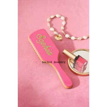 Personalized Hair Brush Custom Engraved Handmade Inlay Colorful Rhinestone Name Pink Brush | Natural Wooden Bamboo Brush Wide-Tooth, Ultra-Soft,Anti Static, Massage Scalp | Suit For All Hair Types