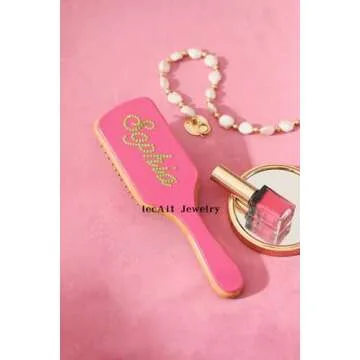 Personalized Hair Brush Custom Engraved Handmade Inlay Colorful Rhinestone Name Pink Brush | Natural Wooden Bamboo Brush Wide-Tooth, Ultra-Soft,Anti Static, Massage Scalp | Suit For All Hair Types