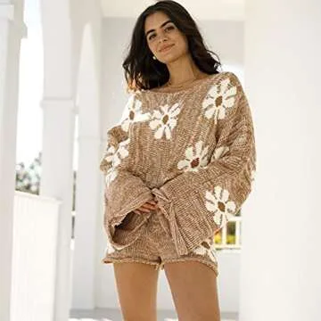 Women 2 Piece Sweater Set Off Shoulder Floral Knit Pullover Top and Zipper Knitted Shorts Suit Spring Outfits Long Sleeve(Brown, M)