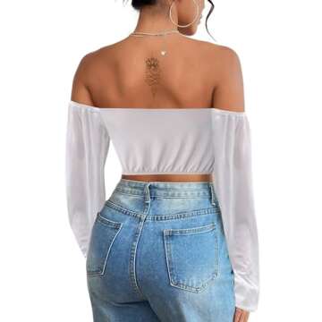 Avanova Women's Long Sleeve Off Shoulder Asymmetrical Hem Slim Fit Crop Top White 050 Medium