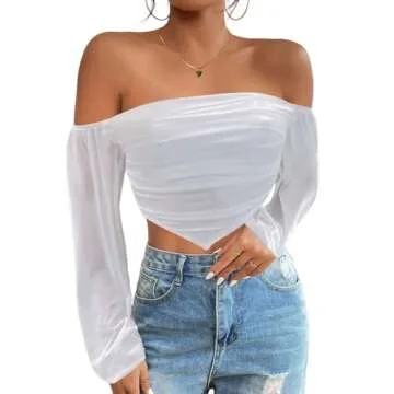 Avanova Women's Long Sleeve Off Shoulder Asymmetrical Hem Slim Fit Crop Top White 050 Medium
