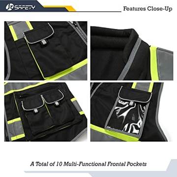 JKSafety 10 Pockets Hi-Vis Zipper Front Black Safety Vest | Cushioned Collar | High Reflective Tapes...