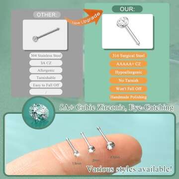 THUNARAZ 60pcs Nose Studs Rings - Hypoallergenic Body Jewelry