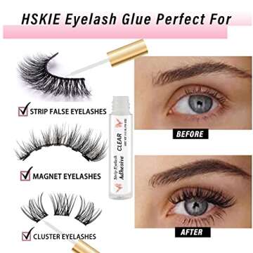 HSKIE Eyelash Glue Clear Lash Glue Strong Eyelash Glue for False Lashes Waterproof Eyelash Glue False Eyelashes Glue Sensitive Eyes Latex Free Lash Adhesive Glue 0.18 OZ Clear