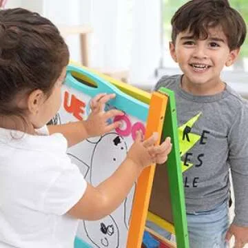 Double Sided Wooden Art Easel for Kids Standing Magnetic Whiteboard Chalkboard Small Toddler Toys. Includes Wooden ABC Numbers. Eco Friendly