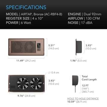 AC Infinity AIRTAP T4 Bronze, Register Booster Fan for 4” x 10” Register Holes, Improves Heating & Cooling Vents, Quiet 10-Speeds, Bluetooth App Control Data Alerts