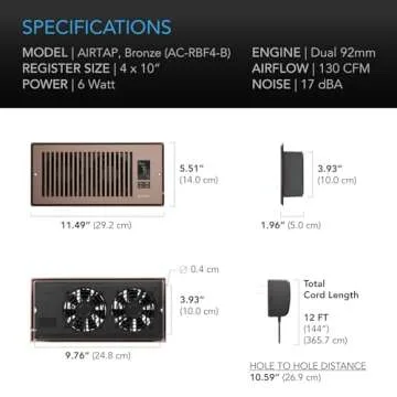 AC Infinity AIRTAP T4 Bronze, Register Booster Fan for 4” x 10” Register Holes, Improves Heating & Cooling Vents, Quiet 10-Speeds, Bluetooth App Control Data Alerts