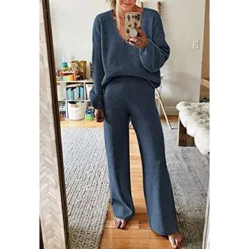Viottiset Women's 2 Piece Outfits Casual V Neck Knit Wide Leg Sweater Lounge Set Sweatsuit Light Blue Small