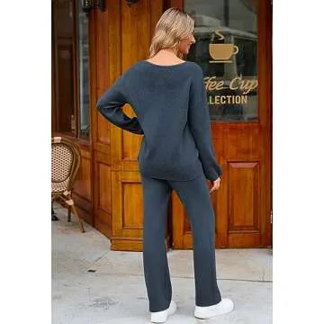 Viottiset Women's 2 Piece Outfits Casual V Neck Knit Wide Leg Sweater Lounge Set Sweatsuit Light Blue Small
