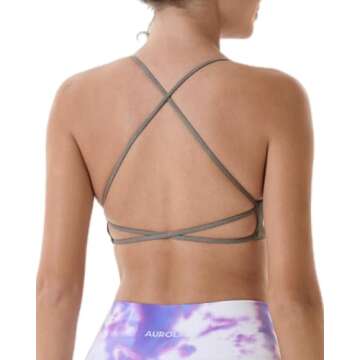 AUROLA Venus Sports Bras for Women Backless Strappy Workout Bra Removable Padded Low Support Gym Althletic Fitness Yoga Crop Top, Floral Khaki, S
