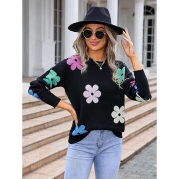 Angashion Women Sweater Crew Neck Floral - Pullover Sweater Loose Casual Long Sleeve Ribbed Knit Jumper Tops Black Small