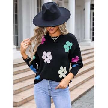 Angashion Women Sweater Crew Neck Floral - Pullover Sweater Loose Casual Long Sleeve Ribbed Knit Jumper Tops Black Small