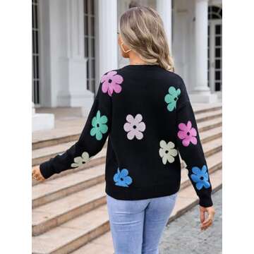Angashion Women Sweater Crew Neck Floral - Pullover Sweater Loose Casual Long Sleeve Ribbed Knit Jumper Tops Black Small