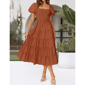 ZESICA Women's Summer Square Neck Short Puff Sleeve Solid Color High Waist Casual Smocked Flowy A Line Tiered Midi Dress,Rust,Large