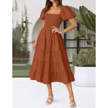 ZESICA Women's Summer Square Neck Short Puff Sleeve Solid Color High Waist Casual Smocked Flowy A Line Tiered Midi Dress,Rust,Large