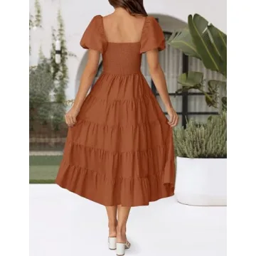 ZESICA Women's Summer Square Neck Short Puff Sleeve Solid Color High Waist Casual Smocked Flowy A Line Tiered Midi Dress,Rust,Large