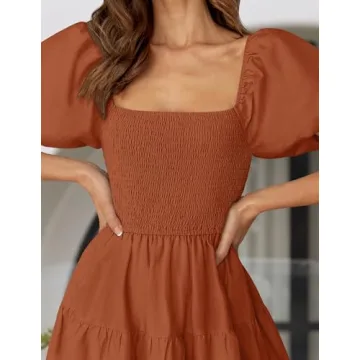 ZESICA Women's Summer Square Neck Short Puff Sleeve Solid Color High Waist Casual Smocked Flowy A Line Tiered Midi Dress,Rust,Large