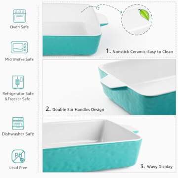 Krokori Ceramic Baking Dish, Casserole Dish for Oven, Lasagna Pan Deep, 9x13 Baking Pan with Handles, Porcelain Bakeware for Lasagna, Baking, Cooking, Kitchen, Daily Use, Wedding Gift (Aquamarine)