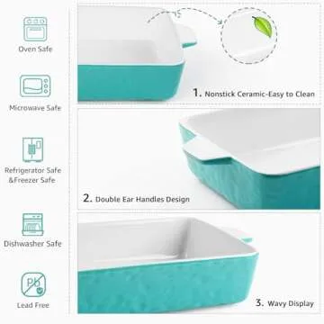 Krokori Ceramic Baking Dish, Casserole Dish for Oven, Lasagna Pan Deep, 9x13 Baking Pan with Handles, Porcelain Bakeware for Lasagna, Baking, Cooking, Kitchen, Daily Use, Wedding Gift (Aquamarine)