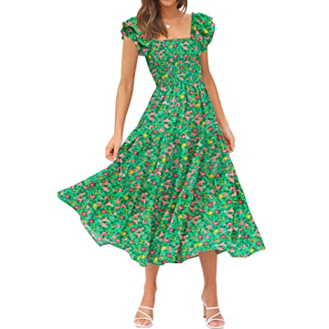 DOROSE Womens Floral Midi Dress Smocked Ruffle Sleeve Beach Summer Dresses for Women Long Dresses fo...