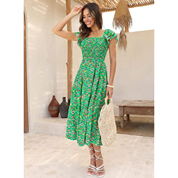 DOROSE Womens Floral Midi Dress Smocked Ruffle Sleeve Beach Summer Dresses for Women Long Dresses for Women