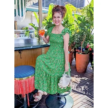 DOROSE Womens Floral Midi Dress Smocked Ruffle Sleeve Beach Summer Dresses for Women Long Dresses for Women