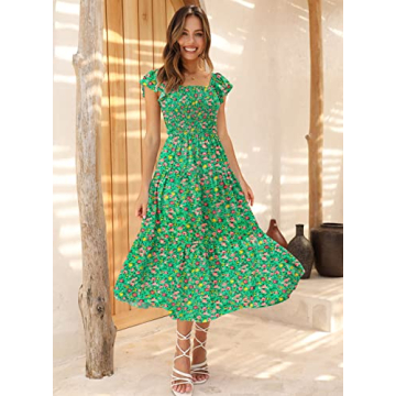 DOROSE Womens Floral Midi Dress Smocked Ruffle Sleeve Beach Summer Dresses for Women Long Dresses for Women