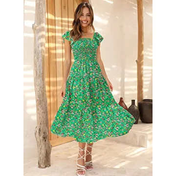 DOROSE Womens Floral Midi Dress Smocked Ruffle Sleeve Beach Summer Dresses for Women Long Dresses for Women