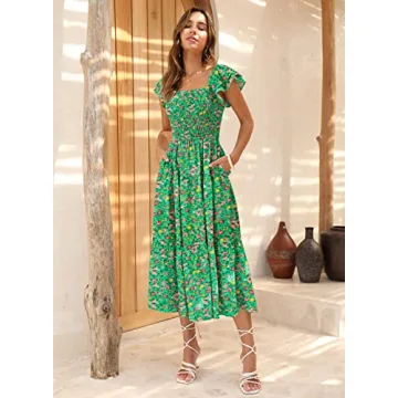 DOROSE Womens Floral Midi Dress Smocked Ruffle Sleeve Beach Summer Dresses for Women Long Dresses for Women