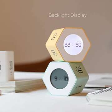 mooas Multi-Hexagon Clock Cube Timer, Digital Clock Time Timer, Pomodoro Timers, Backlit Display 12/24H Mode Count up & Countdown, Rotating Various time presets ideal for Classroom Gym Kitchen (White)