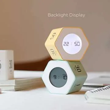 mooas Multi-Hexagon Clock Cube Timer, Digital Clock Time Timer, Pomodoro Timers, Backlit Display 12/24H Mode Count up & Countdown, Rotating Various time presets ideal for Classroom Gym Kitchen (White)